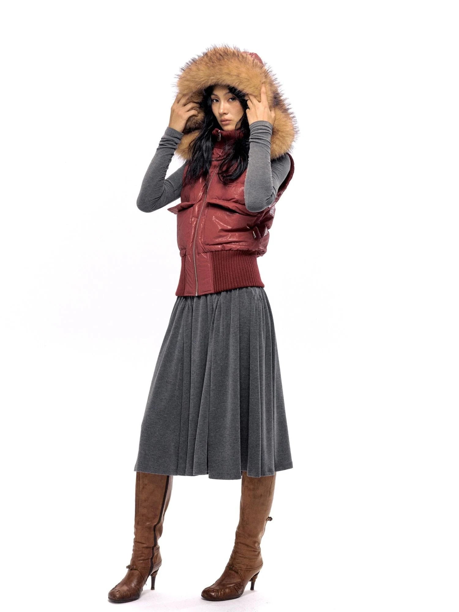 Retro Red Quilted Vest With Detachable Hood