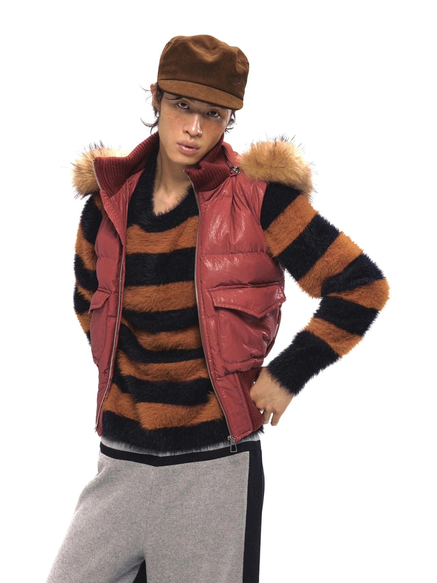 Retro Red Quilted Vest With Detachable Hood