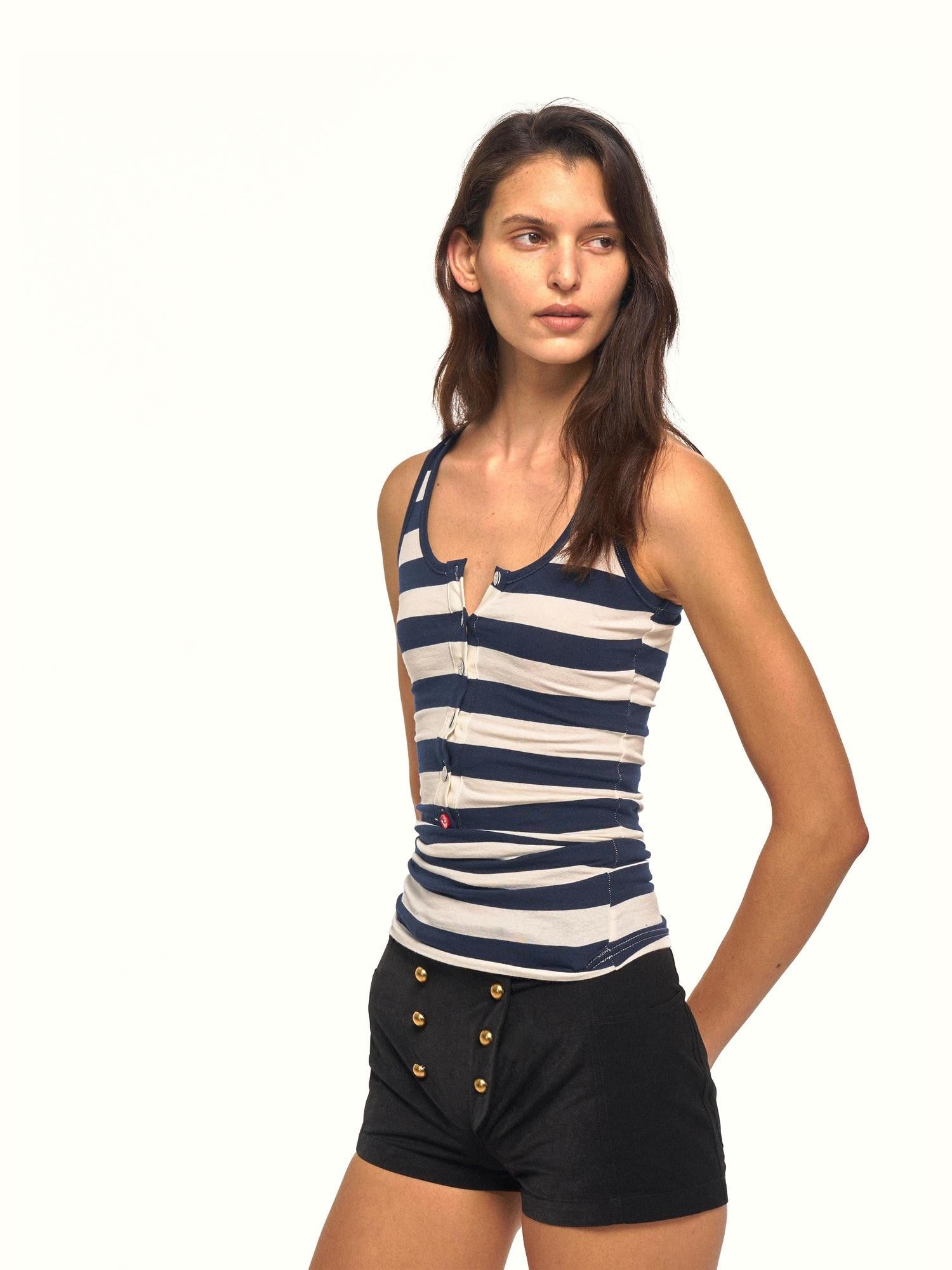 NyDkyel Striped Contrast Anchor Button U Neck Slim Cropped Women&
