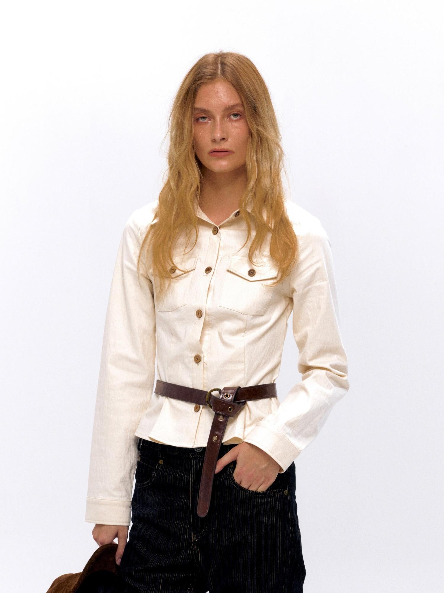 NyDkyel Tailored White Paper Feel Shirt With Waist Definition V-Neck T-Shirt Long-Sleeve