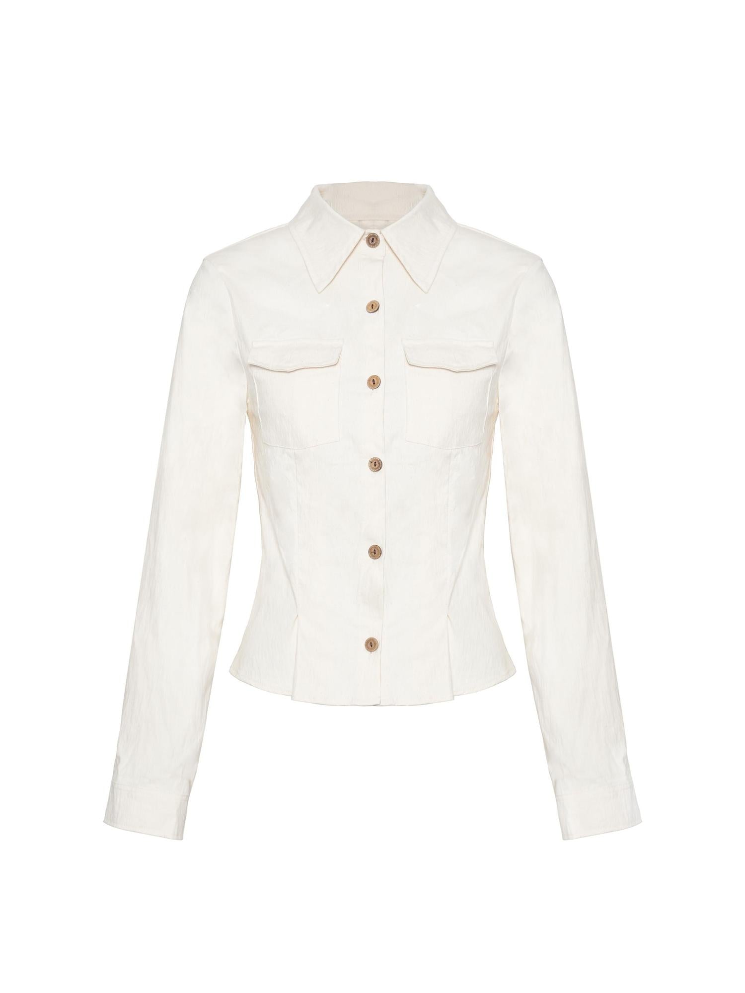 NyDkyel Tailored White Paper Feel Shirt With Waist Definition V-Neck T-Shirt Long-Sleeve