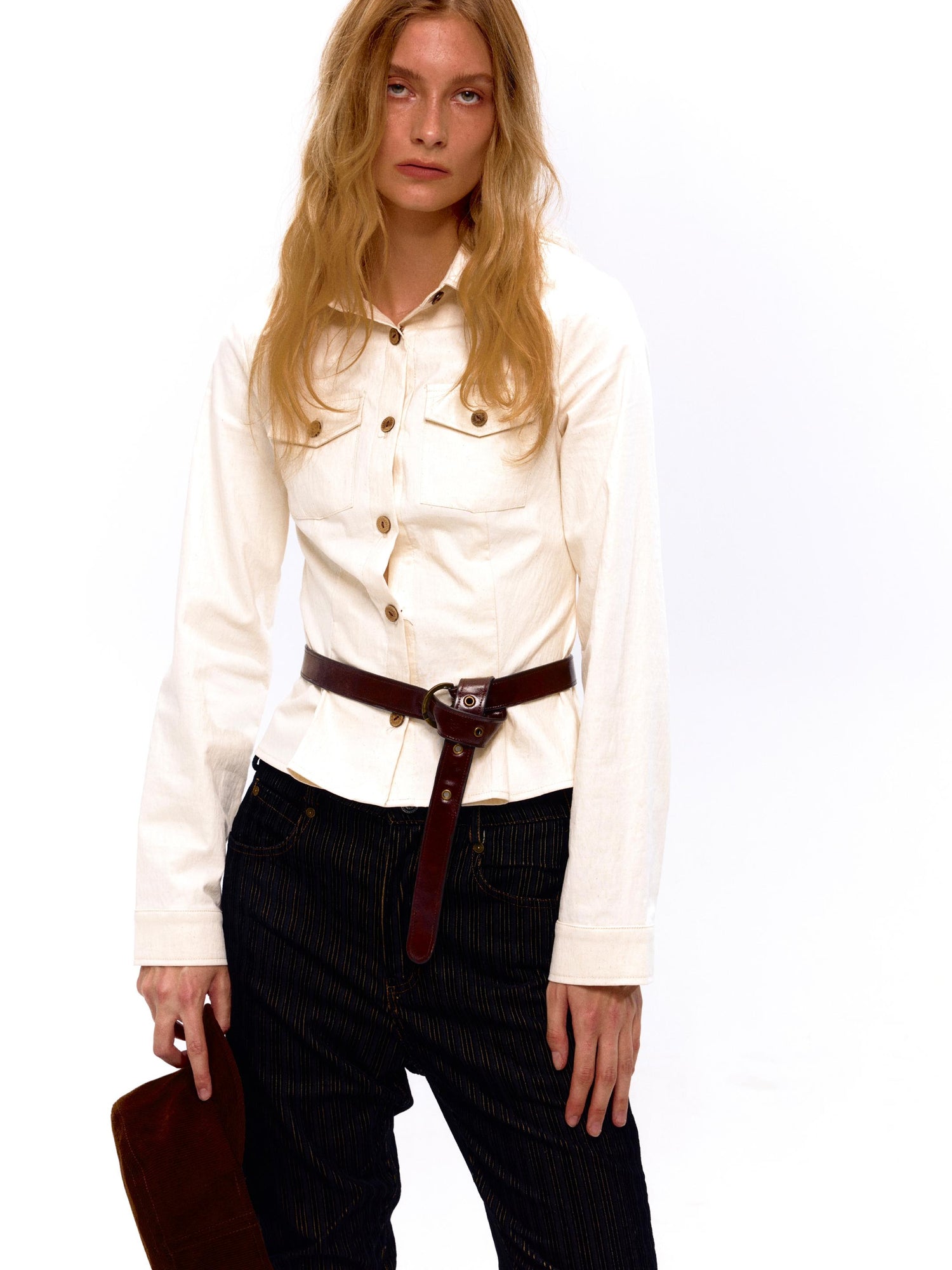 NyDkyel Tailored White Paper Feel Shirt With Waist Definition V-Neck T-Shirt Long-Sleeve