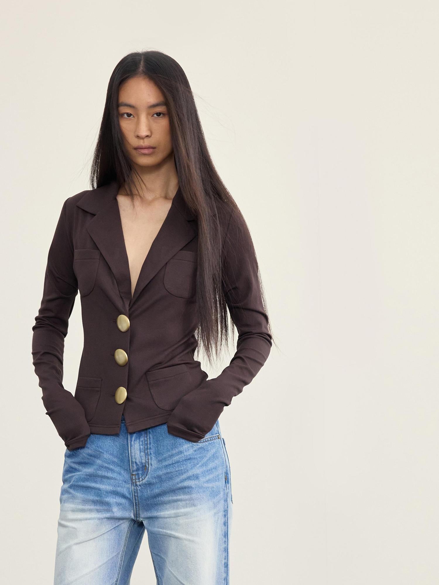 NyDkyel V-Neck Ribbed Modal Knit Top With Gold Buttons And Gathered Cuffs