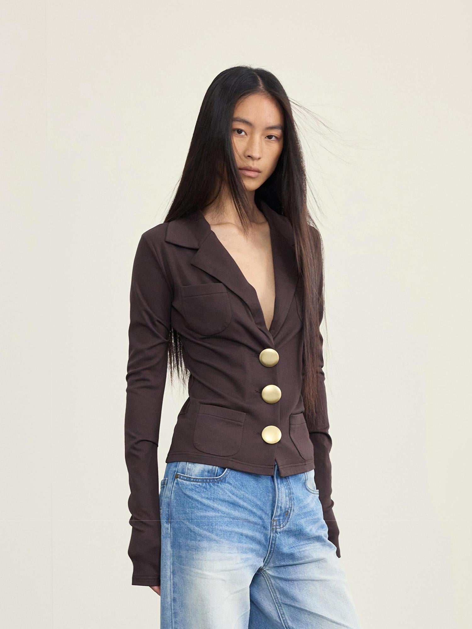 NyDkyel V-Neck Ribbed Modal Knit Top With Gold Buttons And Gathered Cuffs