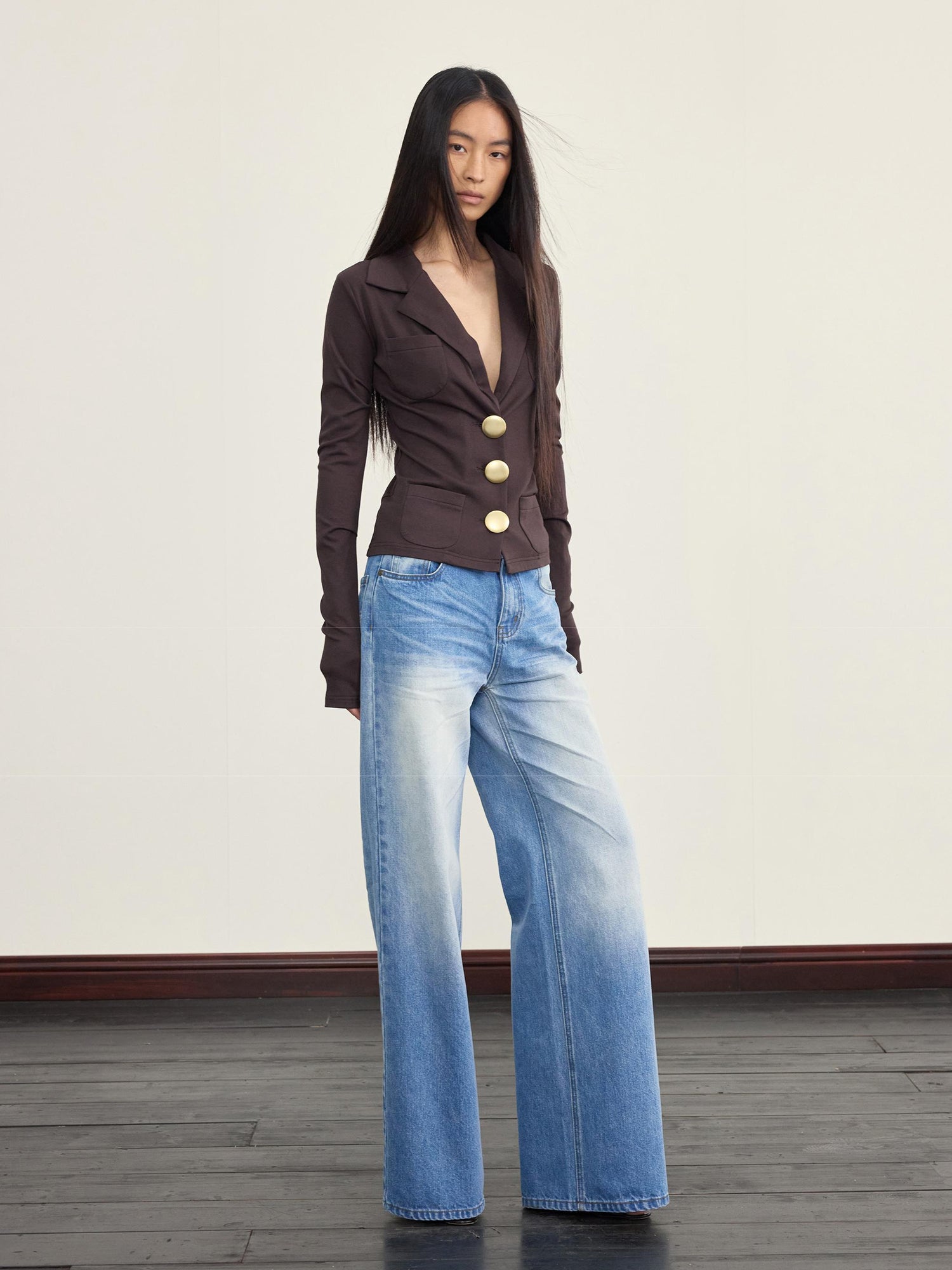 NyDkyel V-Neck Ribbed Modal Knit Top With Gold Buttons And Gathered Cuffs