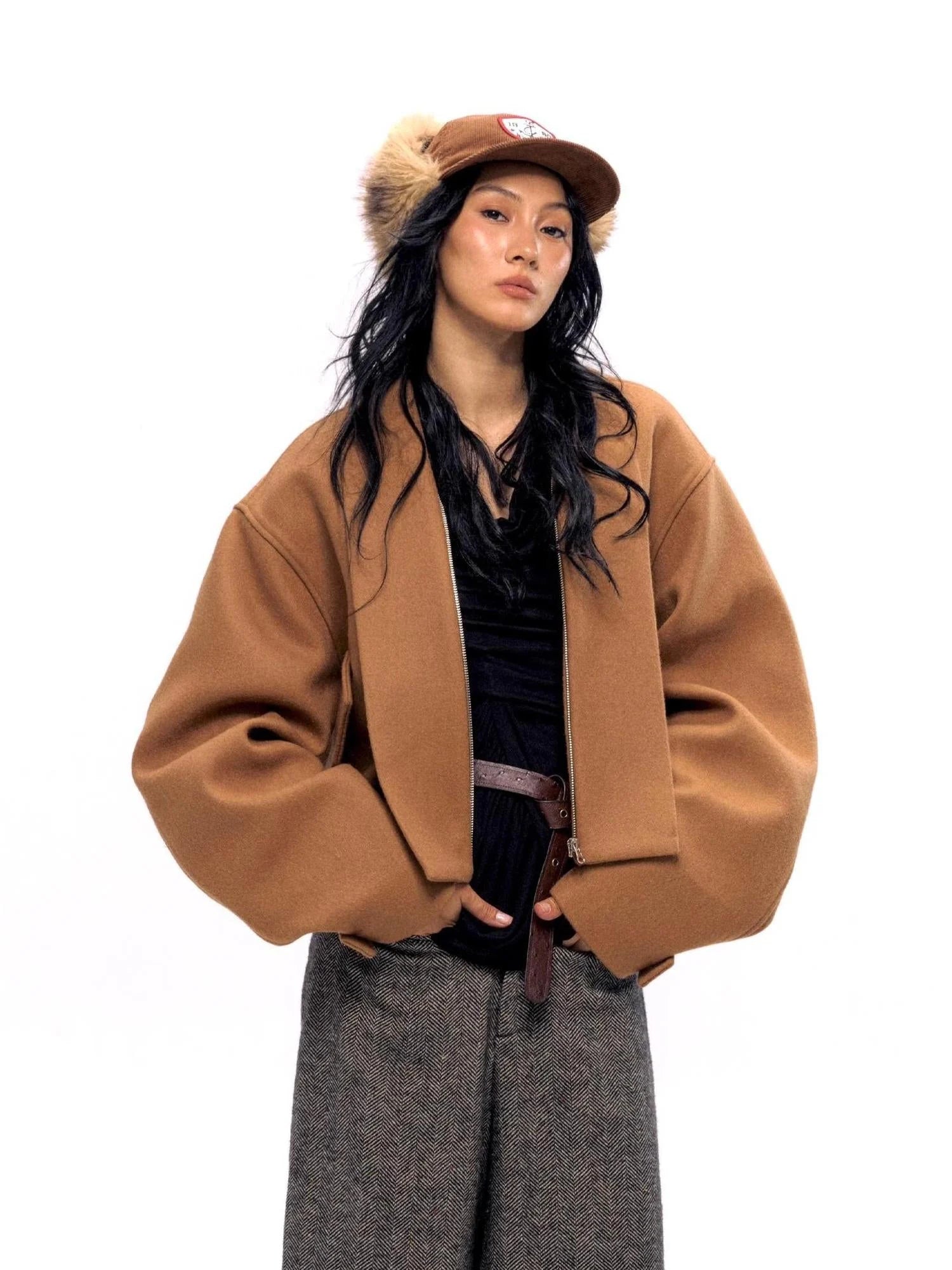 Vintage Brown Wool Blend Felted Notch Lapel Jacket