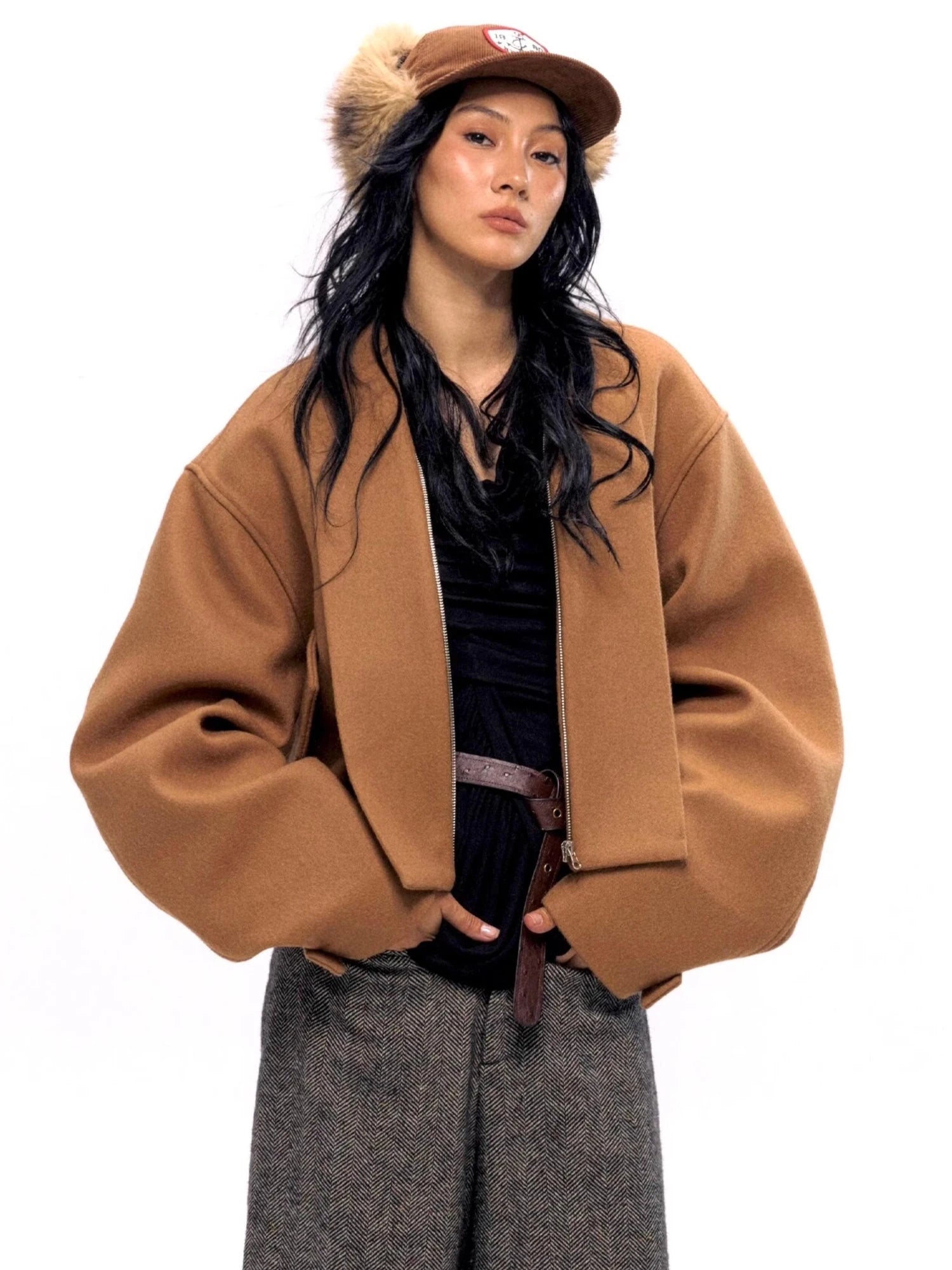 Vintage Brown Wool Blend Felted Notch Lapel Jacket