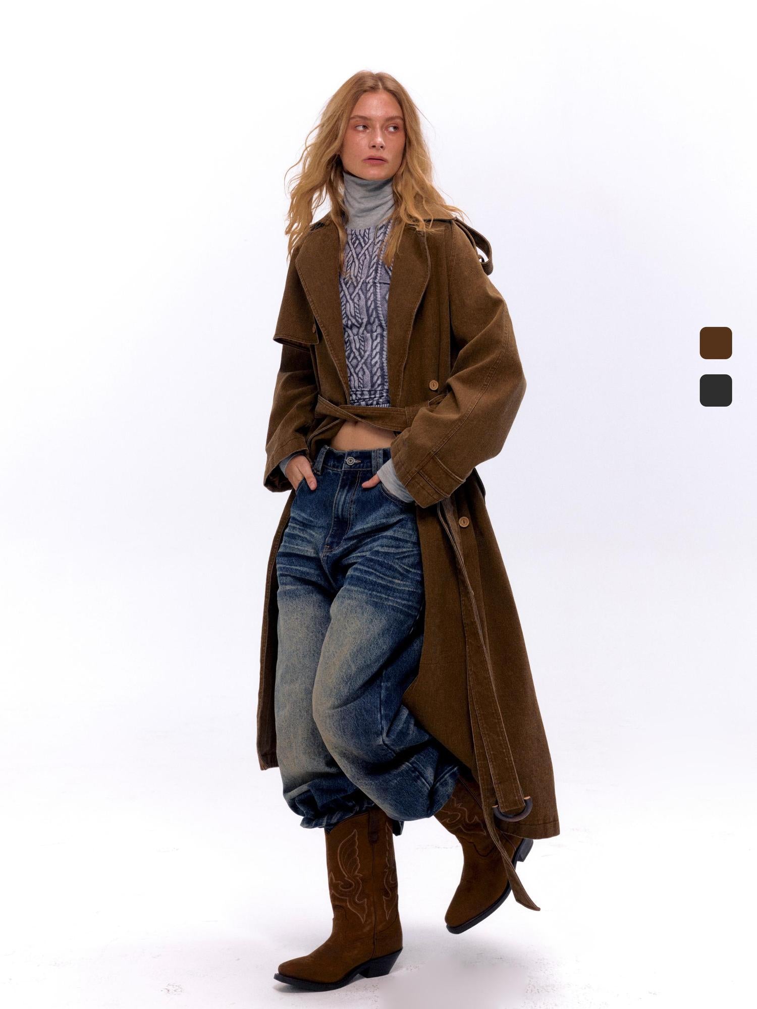 NyDkyel Washed Utility Peached Poplin Oversized Trench Coat