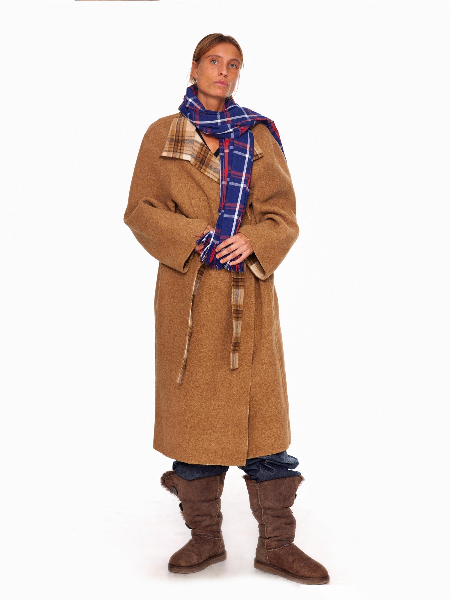 NyDkyel Wool Blend British Commuter Loose Fit Brown Plaid Long Tie Lapel Women Coat