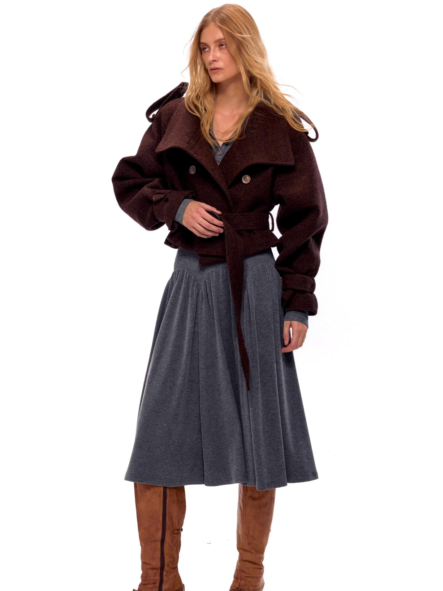 NyDkyel Wool Blend Button Front Belted Short Coat