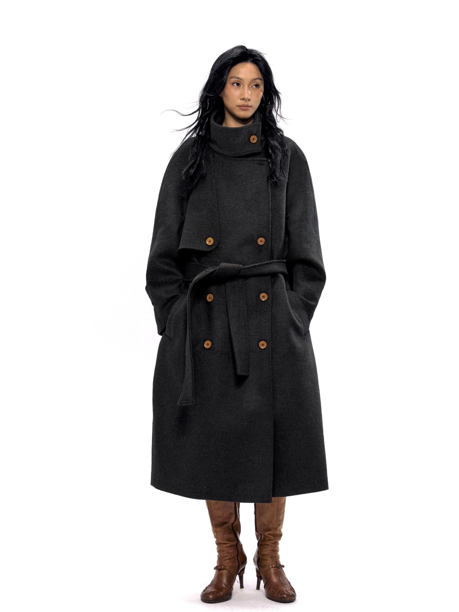 NyDkyel Wool Blend Structured Long Coat With Belt