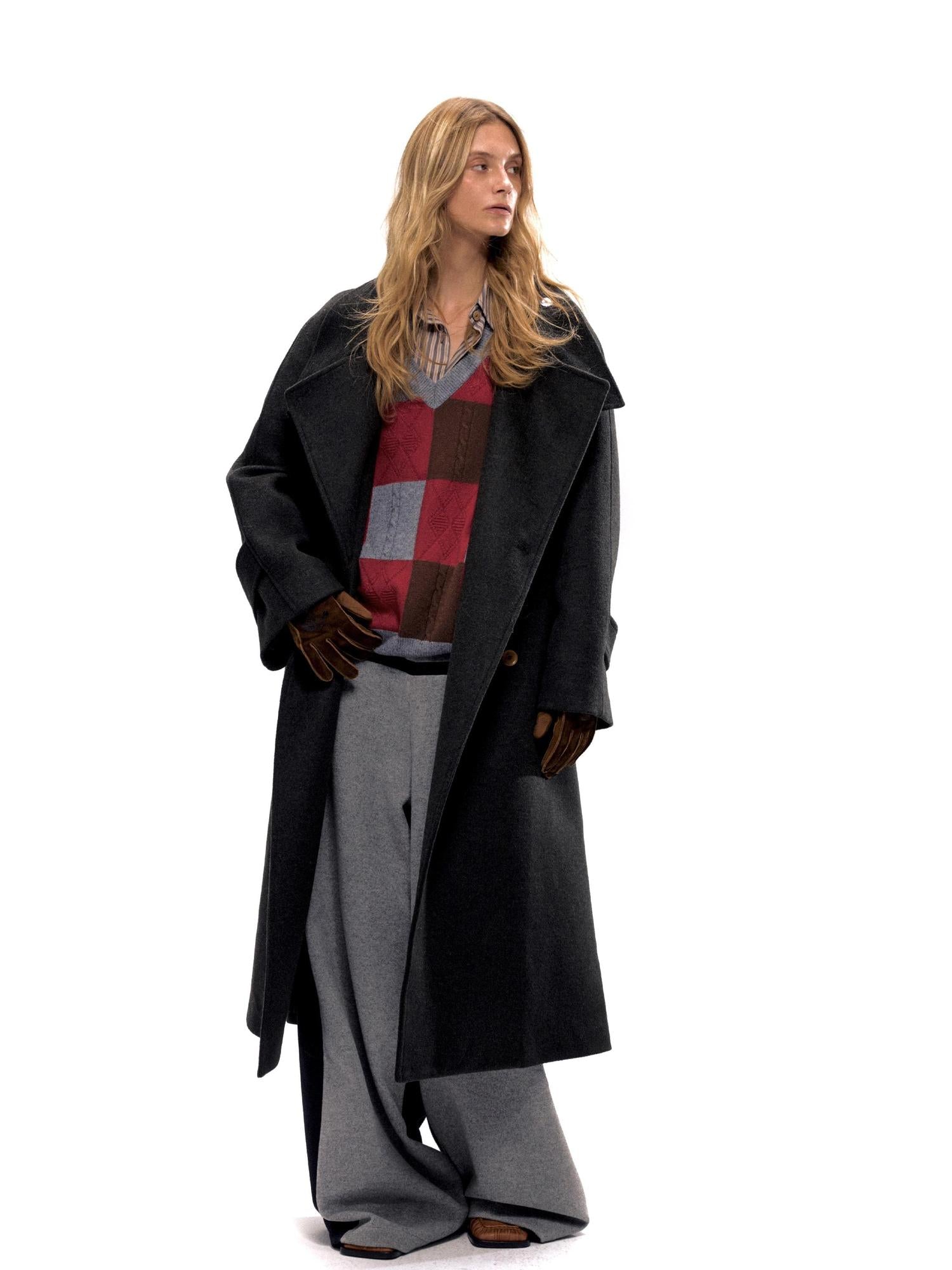NyDkyel Wool Blend Structured Long Coat With Belt