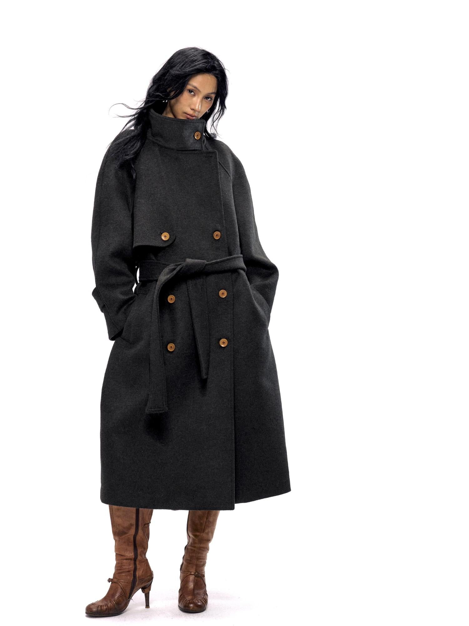 NyDkyel Wool Blend Structured Long Coat With Belt