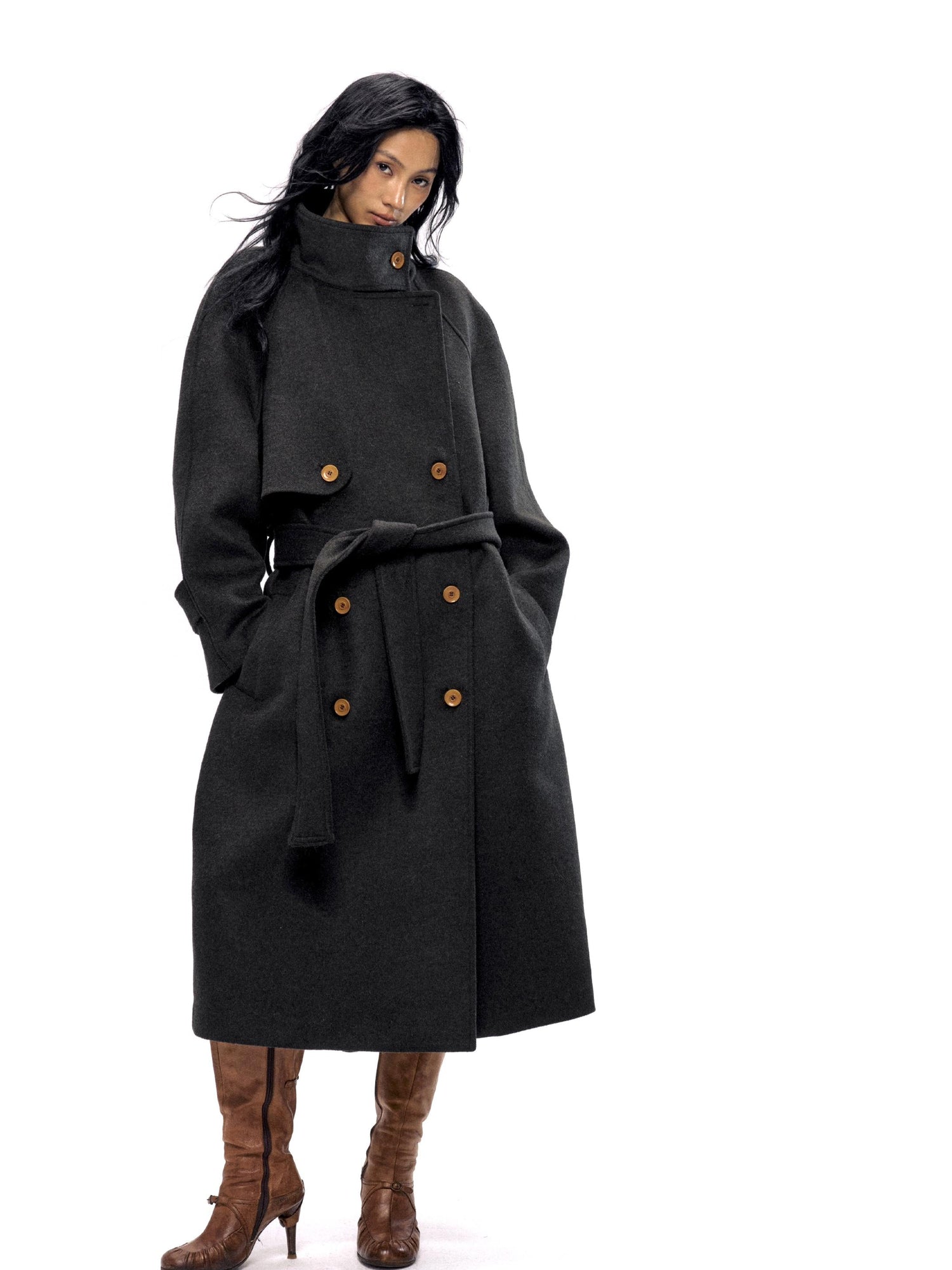 NyDkyel Wool Blend Structured Long Coat With Belt