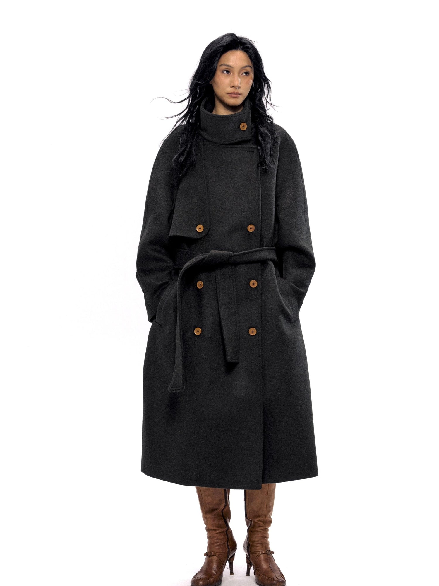 NyDkyel Wool Blend Structured Long Coat With Belt