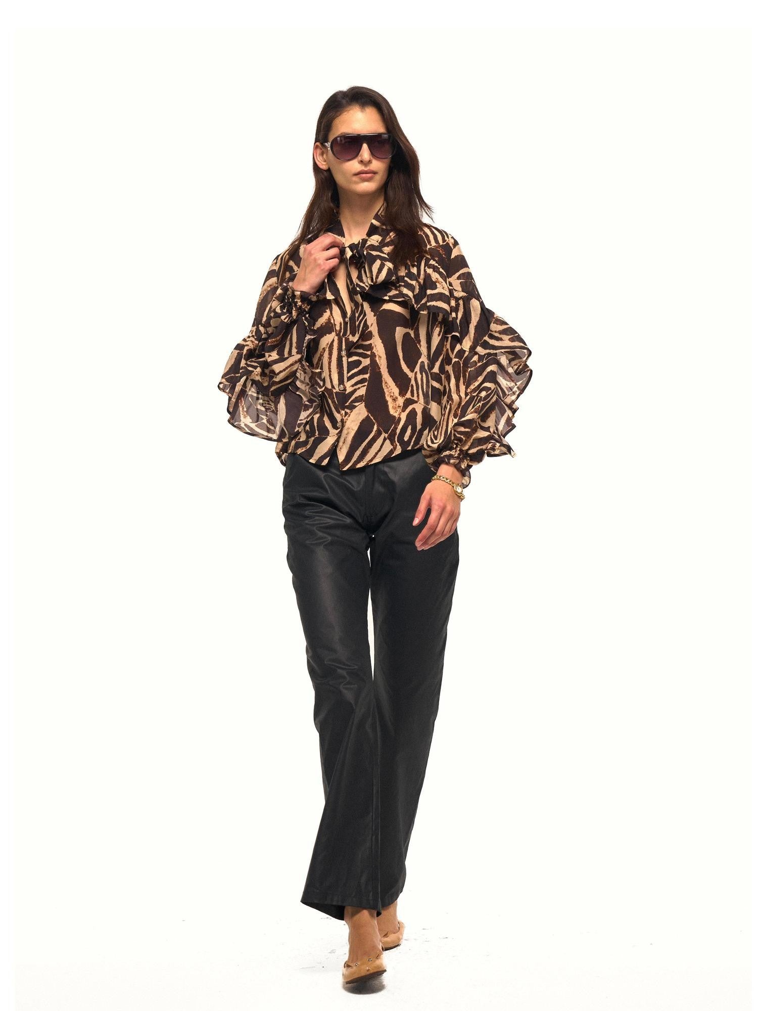 NyDkyel Zebra Print Ruffle Collar Metal Button Embellished Women&