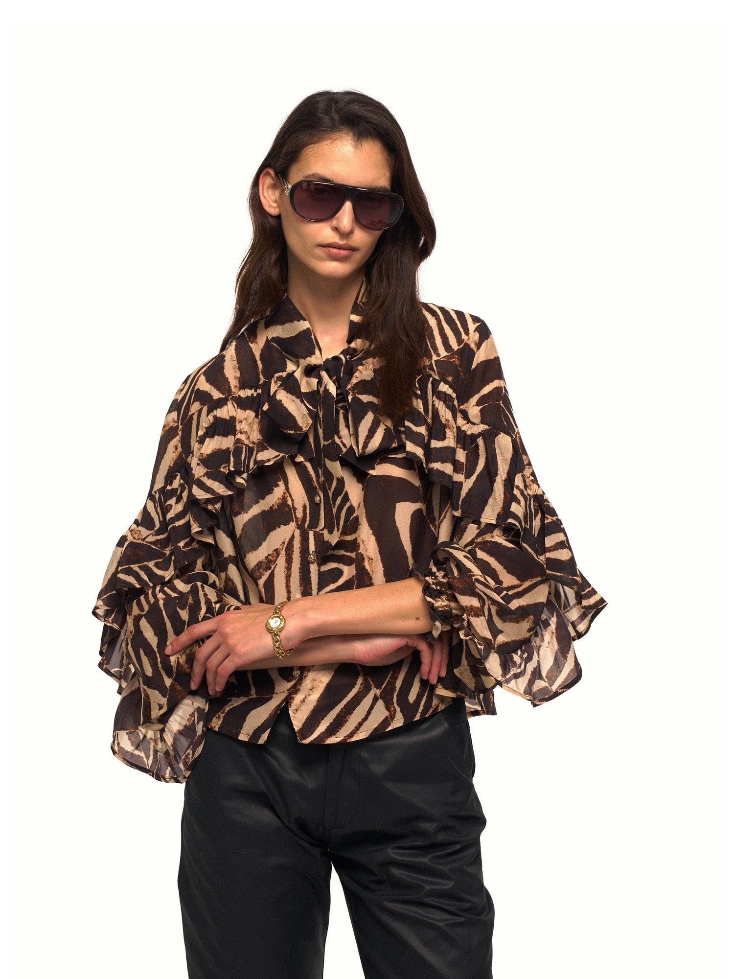 NyDkyel Zebra Print Ruffle Collar Metal Button Embellished Women&