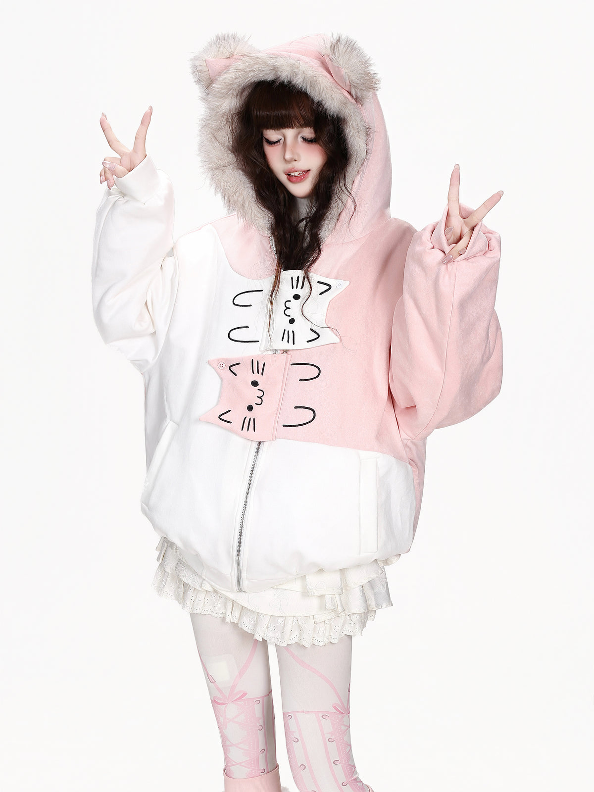 CRAZYGIRL_Loose_Fit_Hooded_Zip_Sweet_Cat_Print_Women&