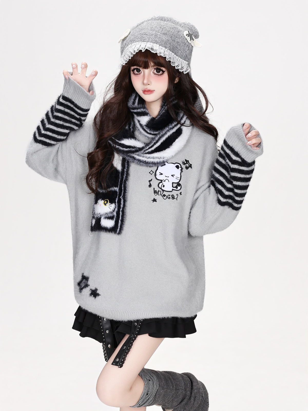 CRAZYGIRL_Striped_Cat_Scarf_Loose_Casual_Pullover_Knit_Women&
