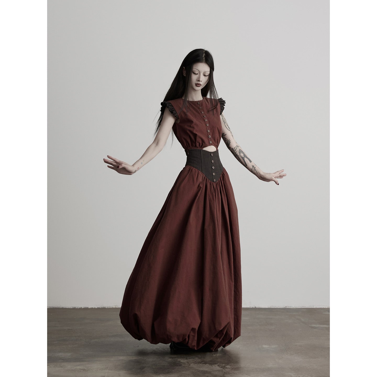 INDULGE_Petal_Sleeve_Spliced_Cropped_Cinched_Waist_Women&
