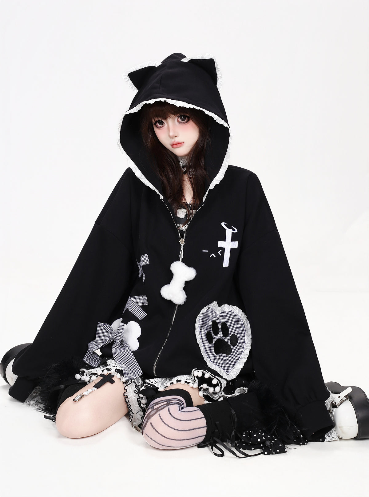 CRAZYGIRL_Plaid_Bow_Heart_Print_Hooded_Women&