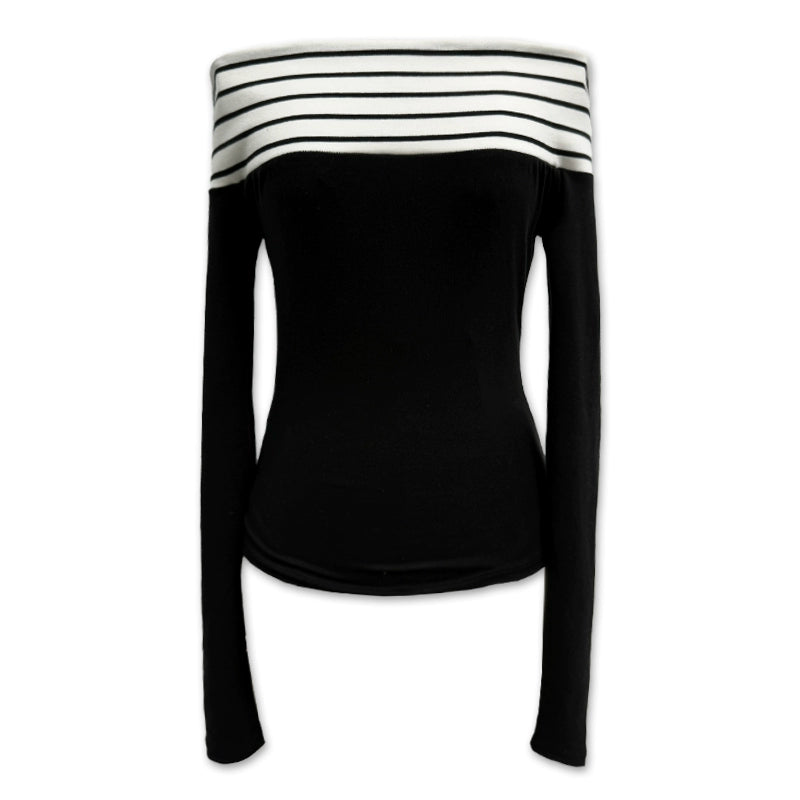 Two Tone Off Shoulder Slim Fit Long Sleeve Top