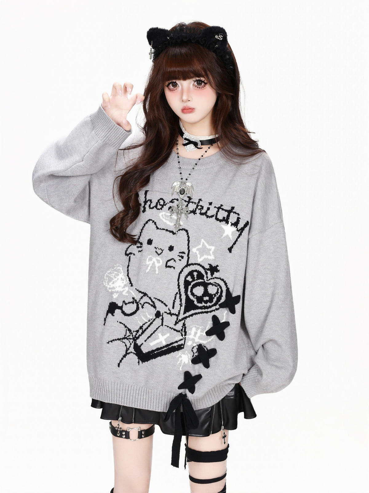 CRAZYGIRL_Ghost_Cat_Lace_Up_Jacquard_Loose_Fit_Women&