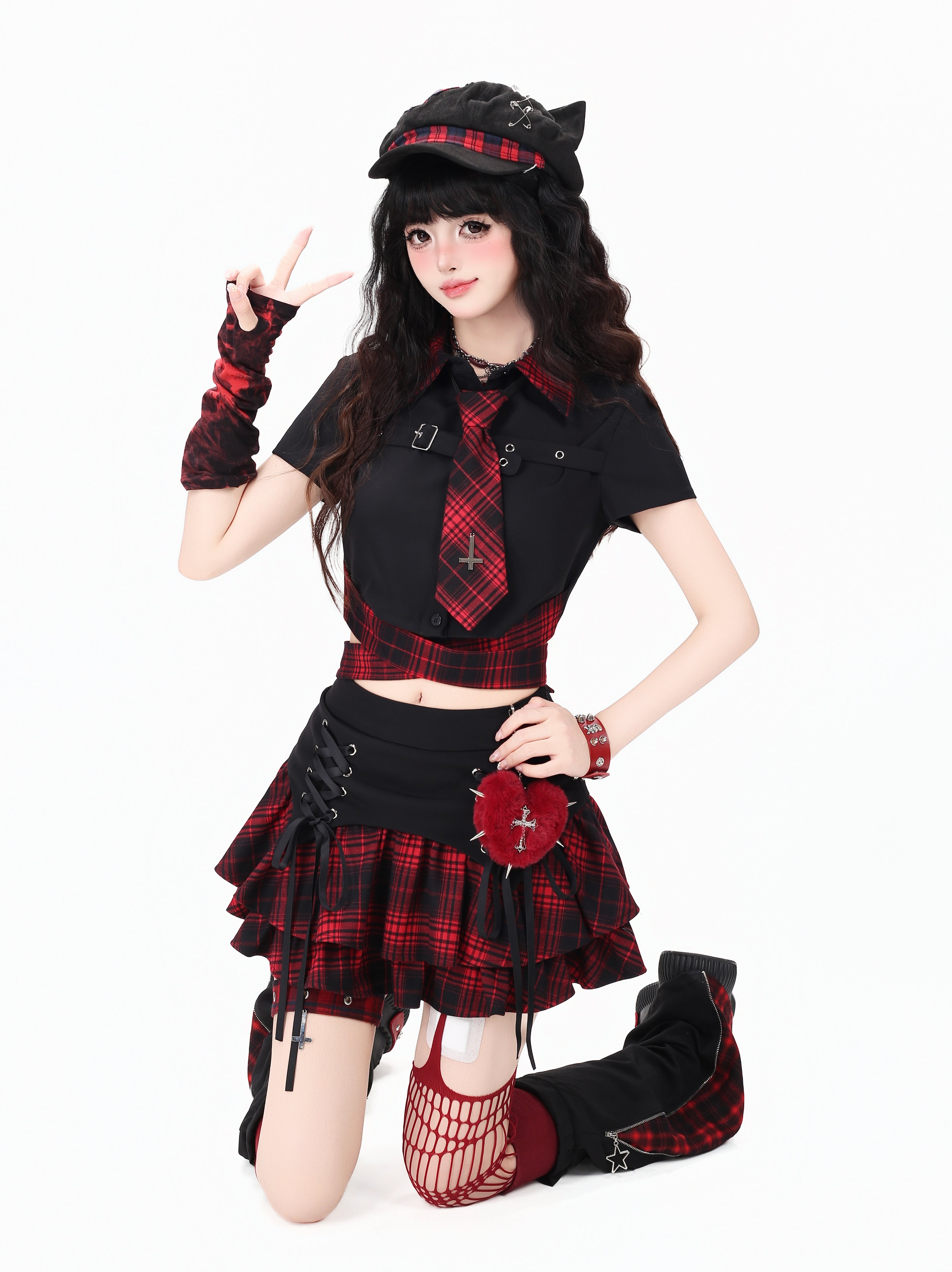 Crazy_Girl_Gothic_Plaid_Lace_Up_Backless_Exposed_Waist_Square_Shoulder_Women&
