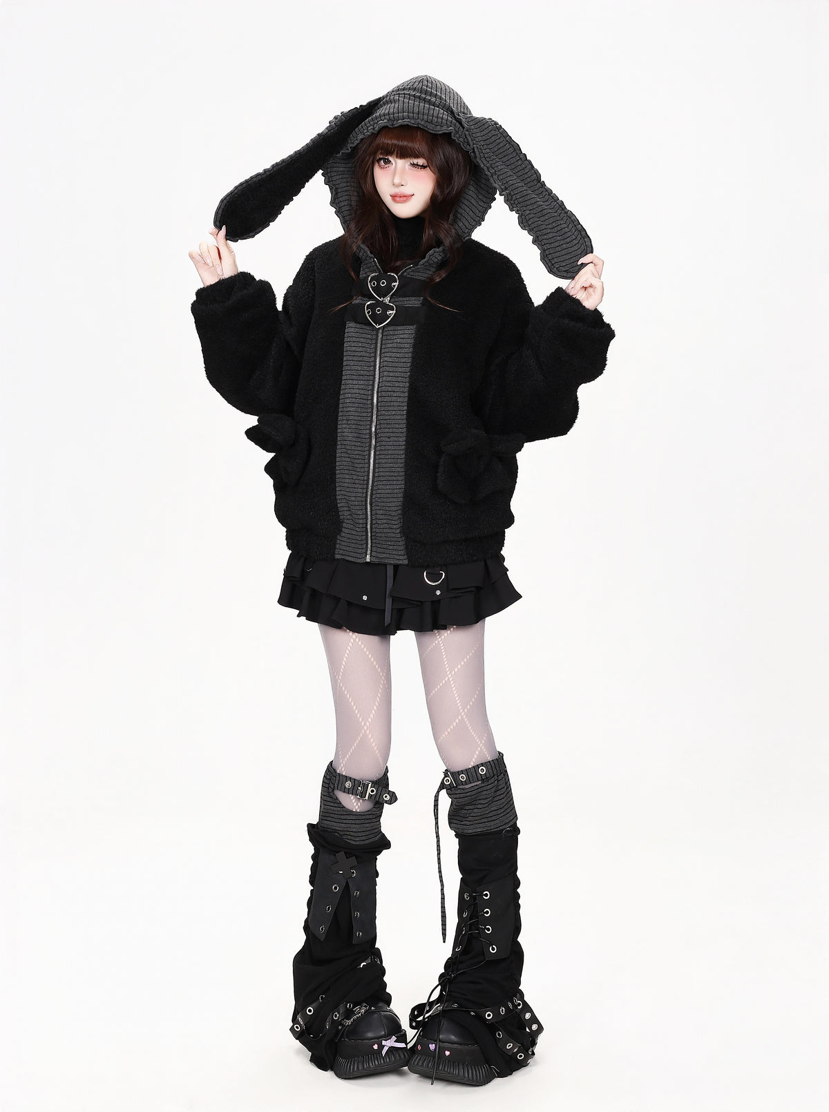 CRAZYGIRL_Striped_Heart_Buckle_Bunny_Ear_Loose_Fit_Women&