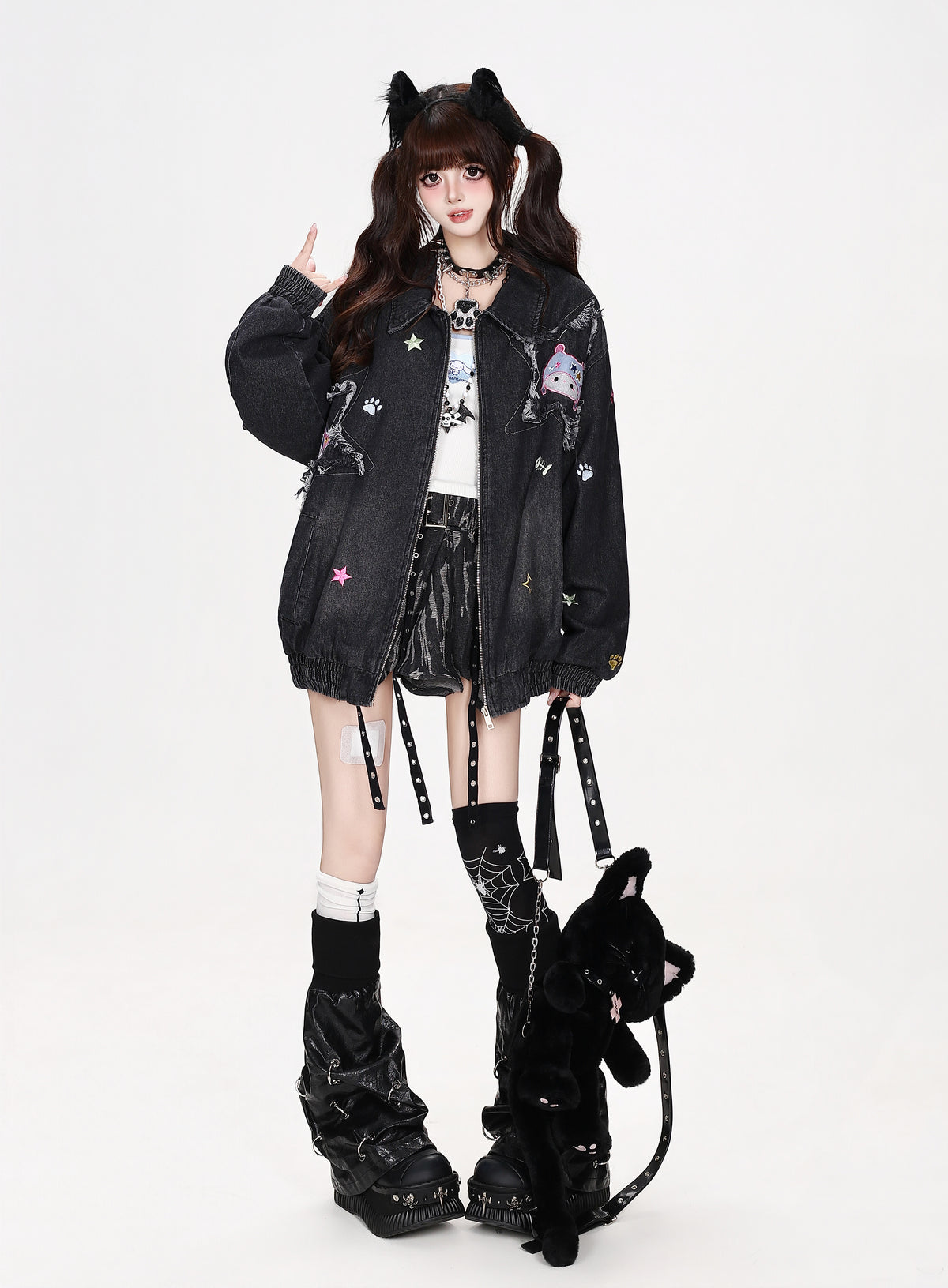 CRAZYGIRL_Cartoon_Cat_Patch_Sweet_Cool_Y2k_Collared_Loose_Fit_Women&