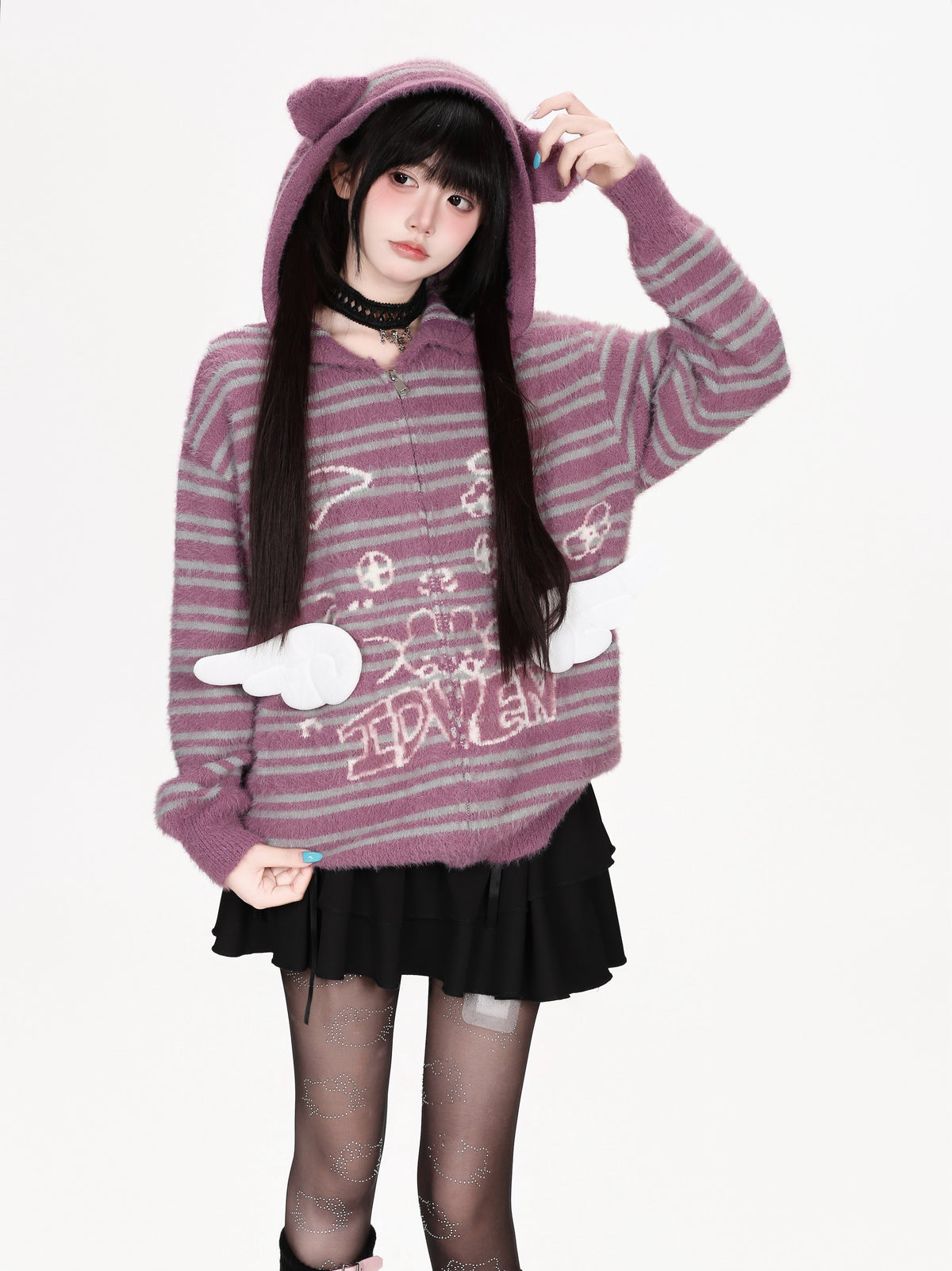 CRAZYGIRL_Striped_Cat_Ear_3d_Wings_Hooded_Loose_Knit_Women&