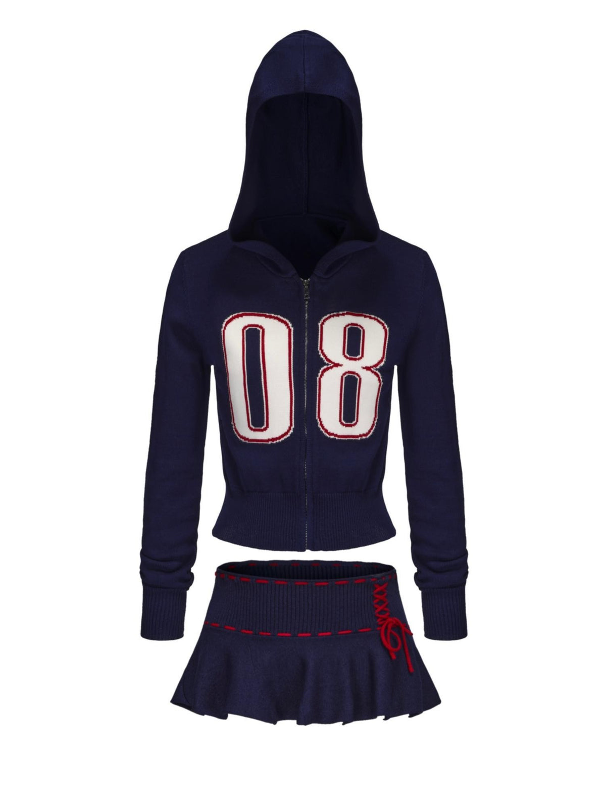 ONNASENSHI Navy Retro Knit Hooded Zip Mini Skirt Women&