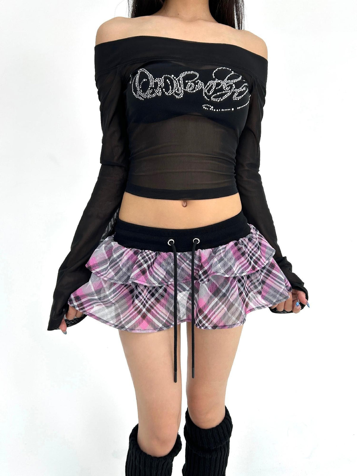 ONNASENSHI Pink Plaid Sheer Mesh Low Waist Women&