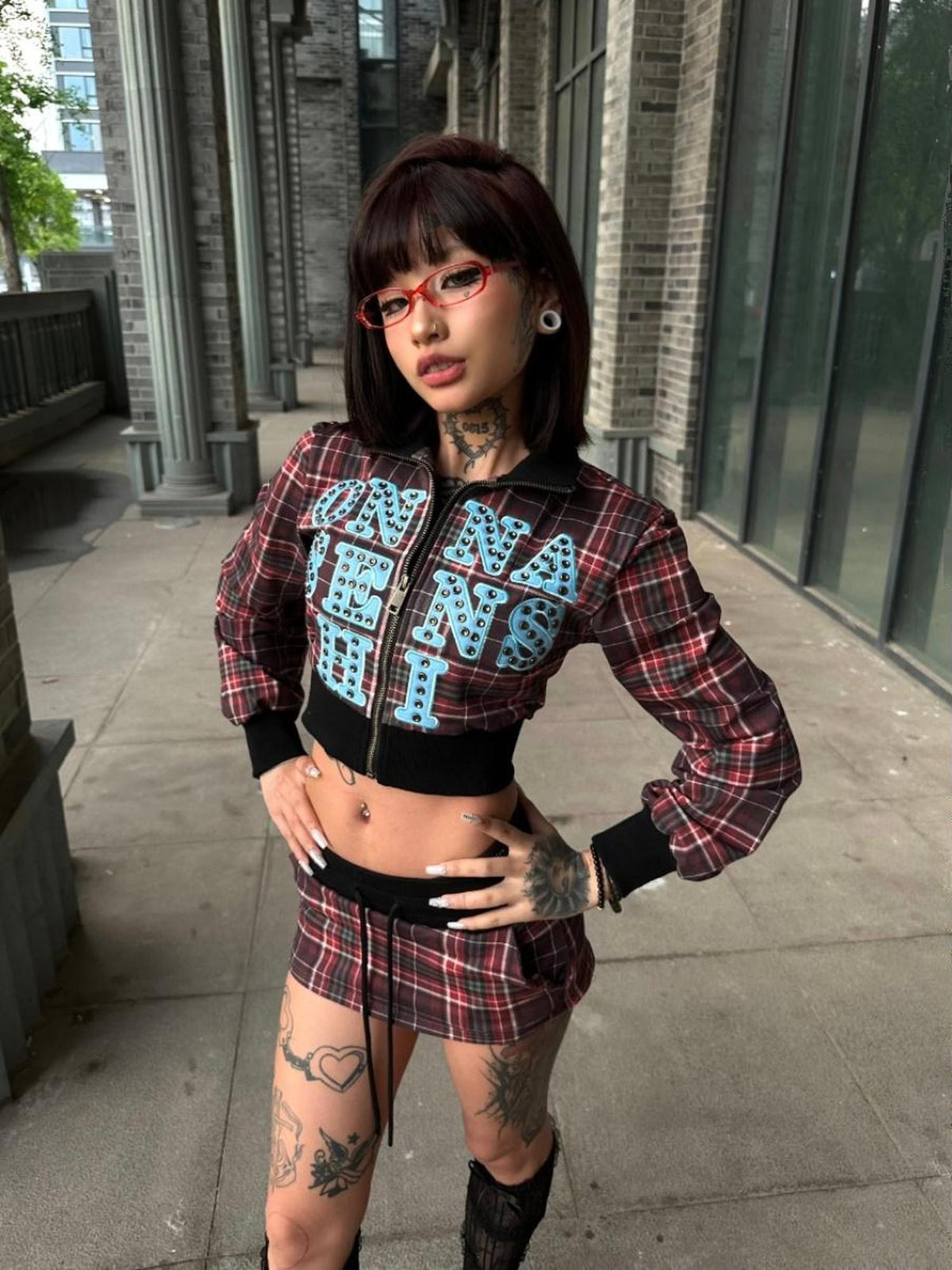 ONNASENSHI Plaid Studded Jacket Low Waist Mini Skirt Women&