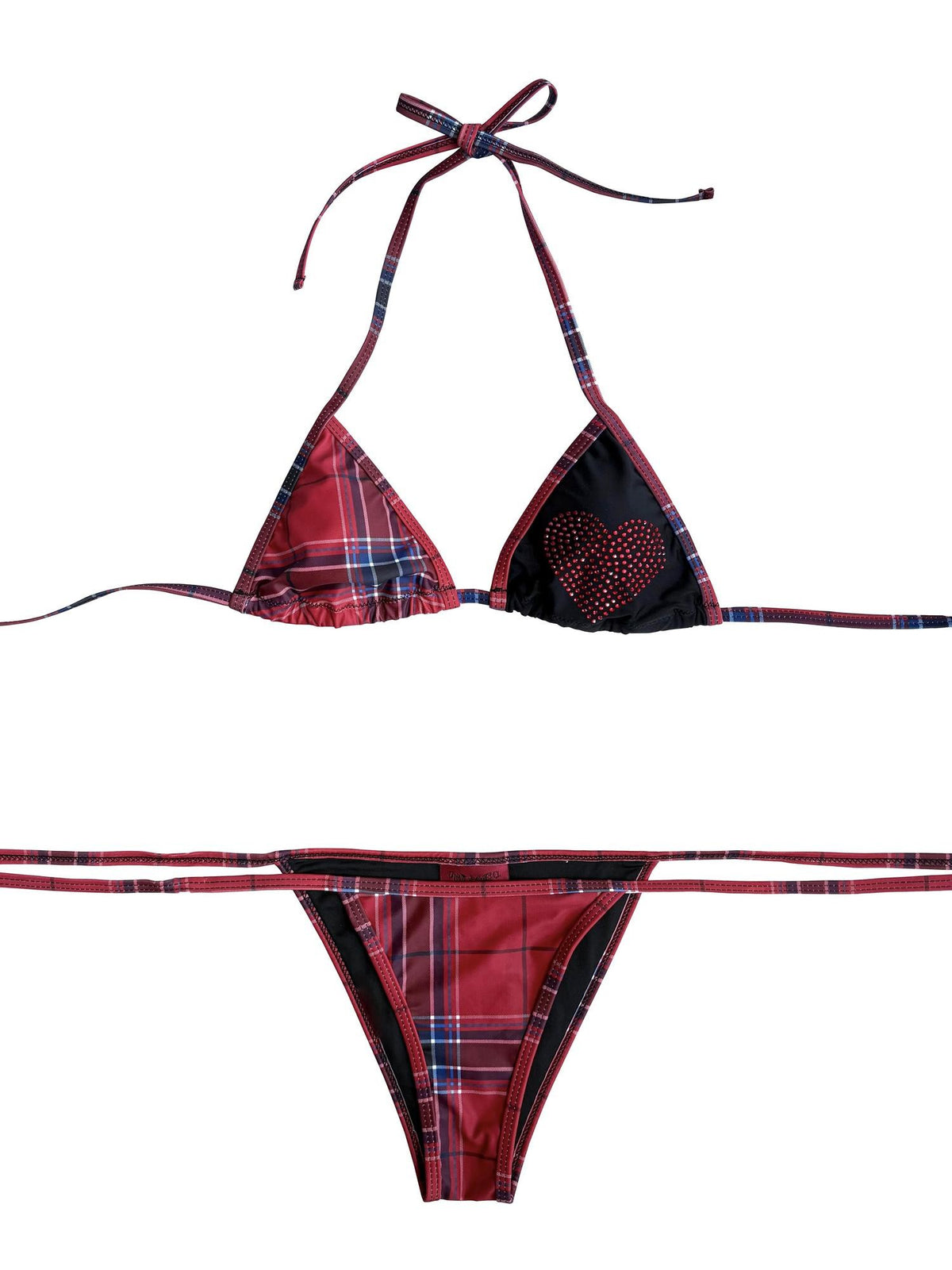 ONNASENSHI Red Check Asymmetrical Colorblock Heart Rhinestone Women&