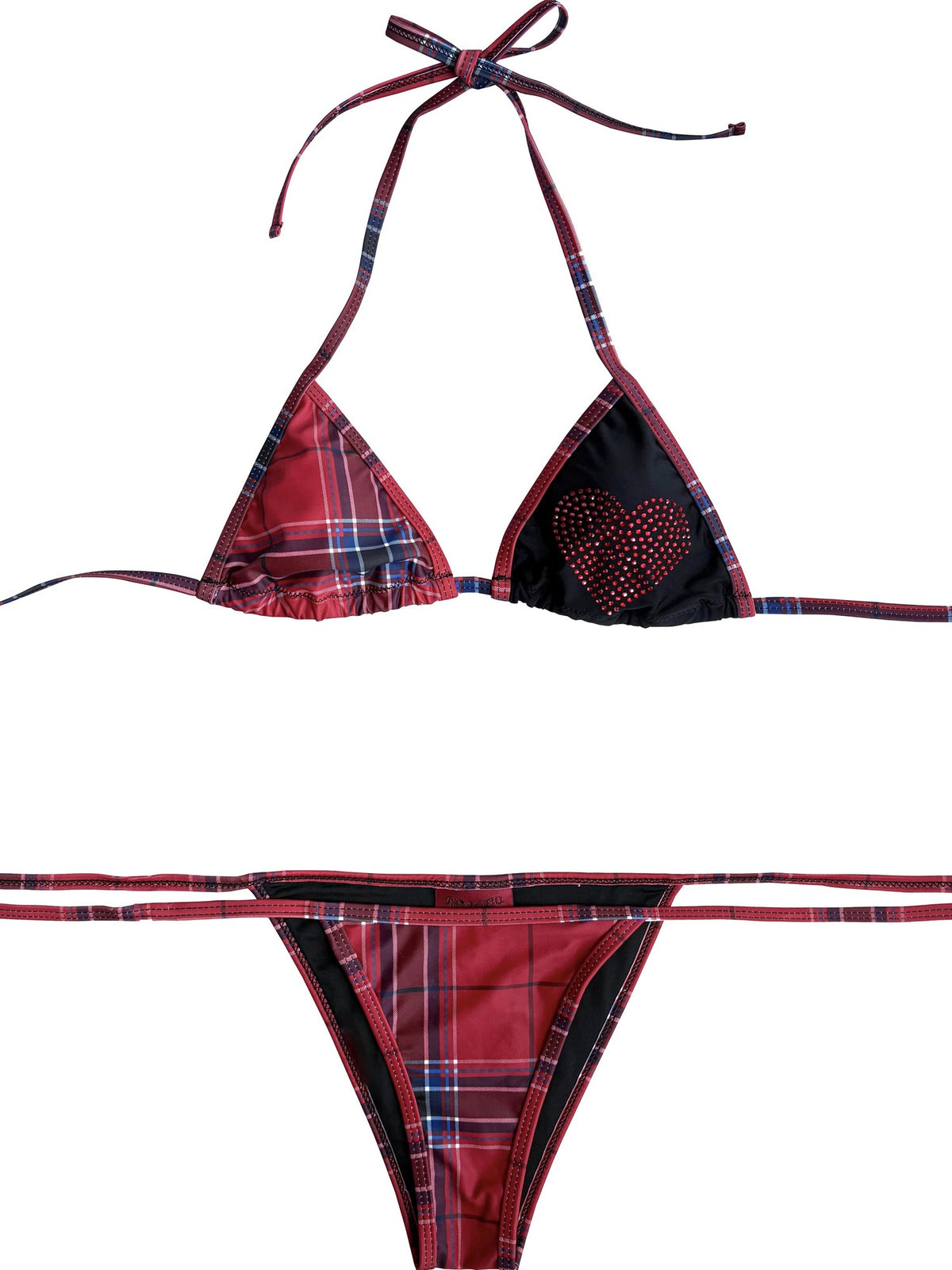 ONNASENSHI Red Check Asymmetrical Colorblock Heart Rhinestone Women&