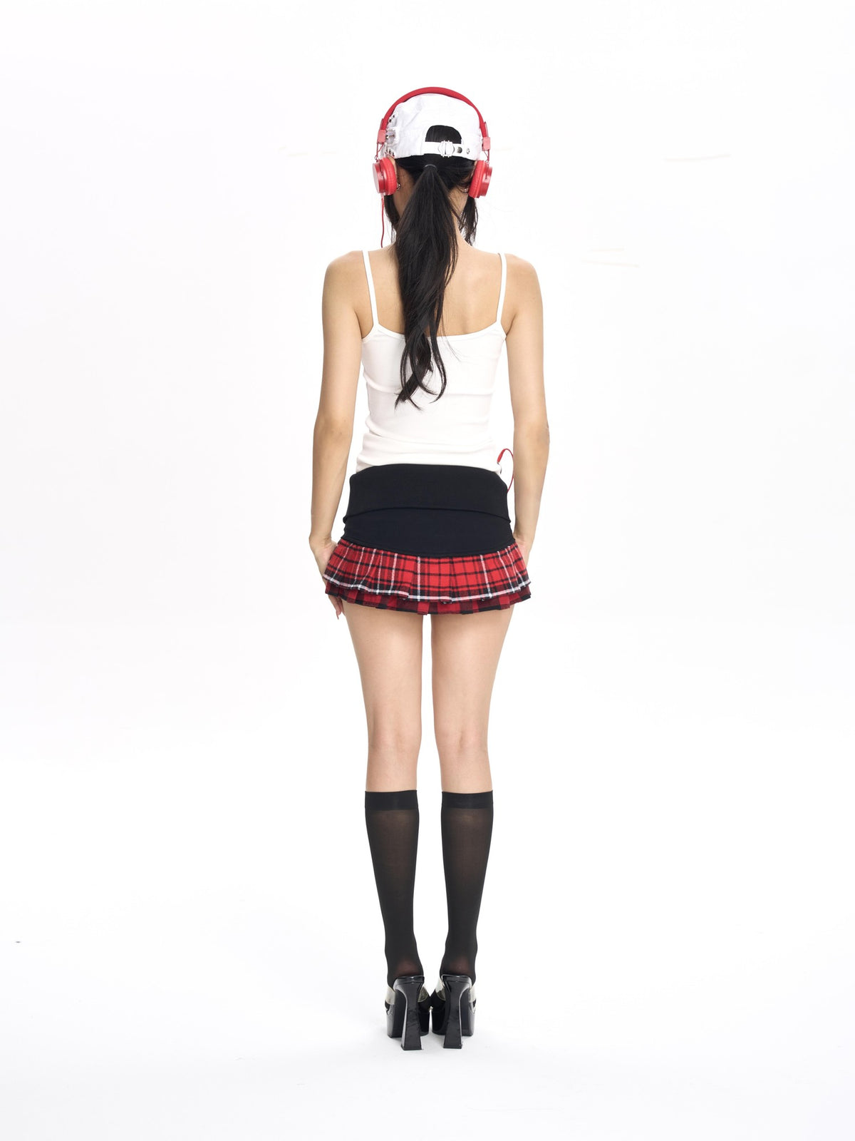 ONNASENSHI Red Plaid Foldover Waist Zipper Spliced Double Layer Women&