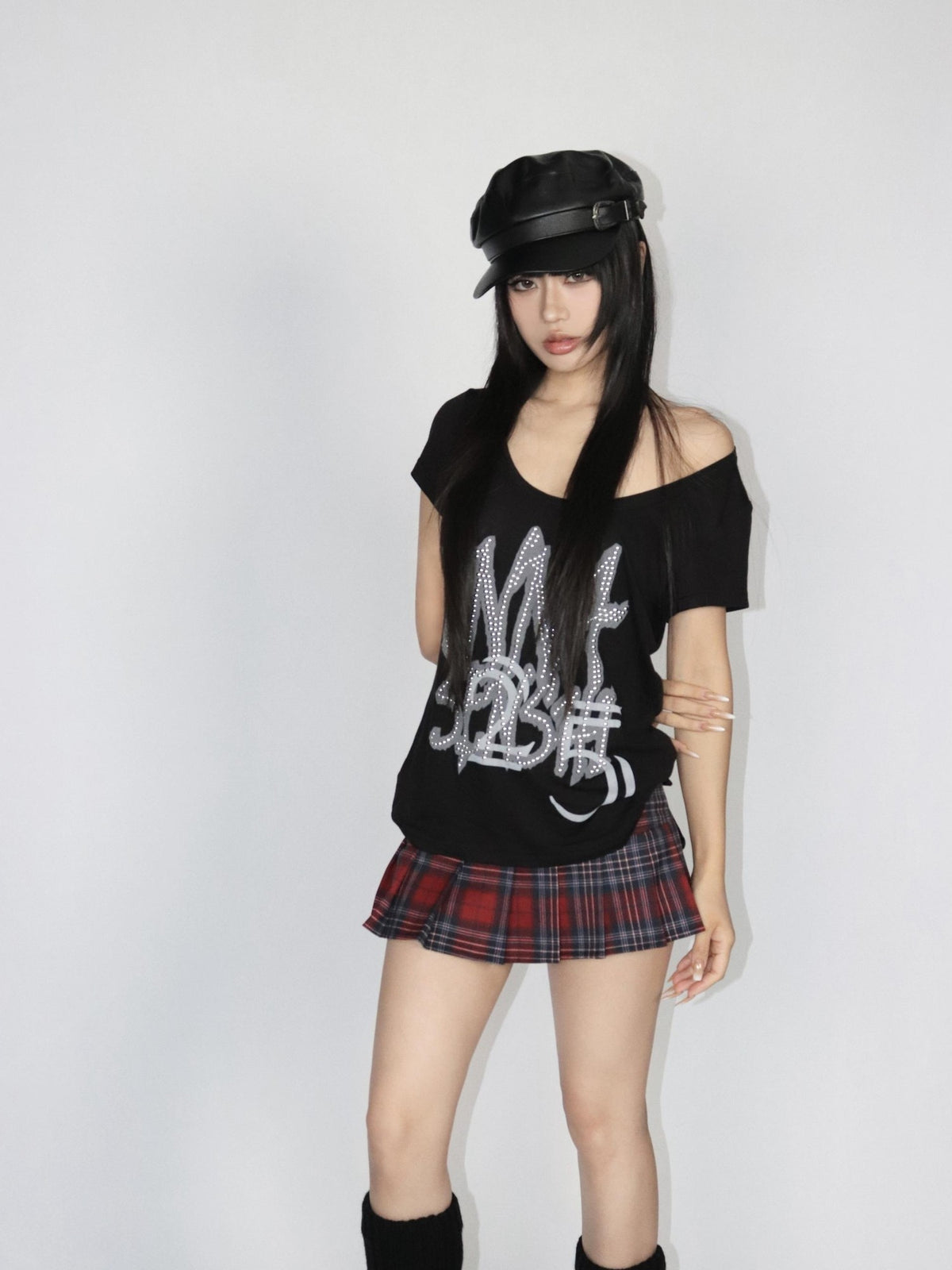 ONNASENSHI Red Plaid Handset Pleated Low Waist Pocket Women&