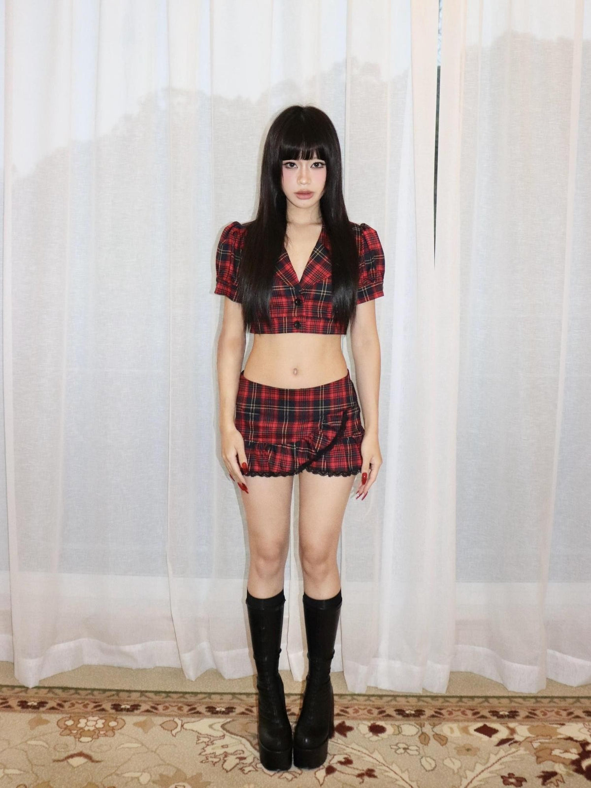 ONNASENSHI Red Plaid Patchwork Low Waist Tie Bow Front Slit Women&
