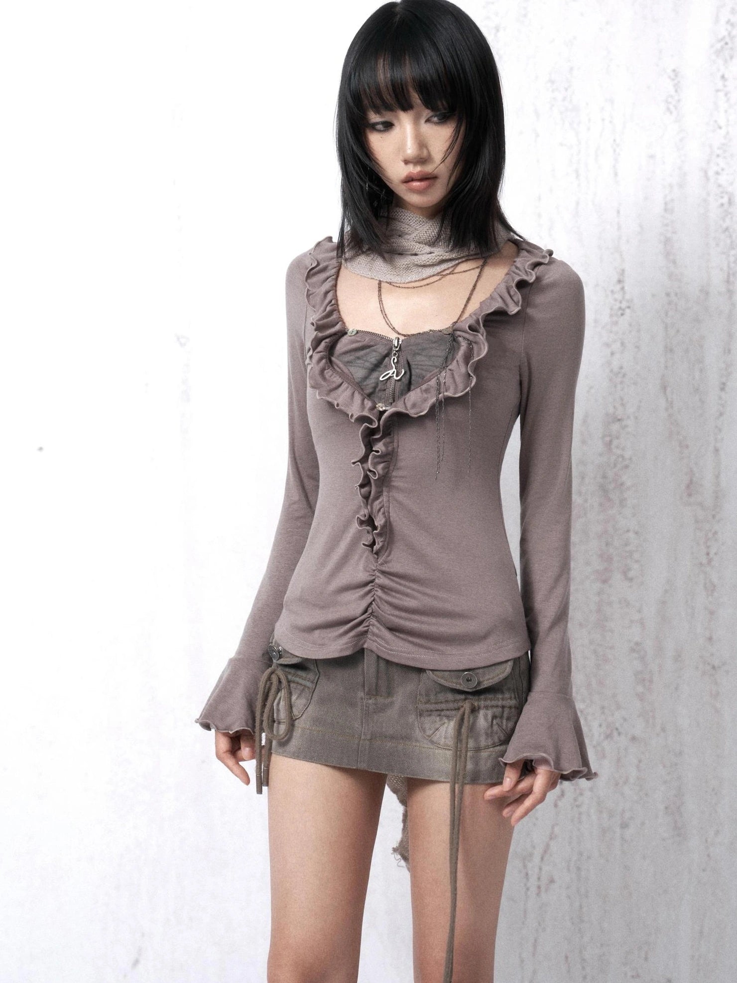 OPEN AESTHETIC 100 Percent Cotton Fitted Vintage Ruffle Collar Long Sleeve Women T-Shirt