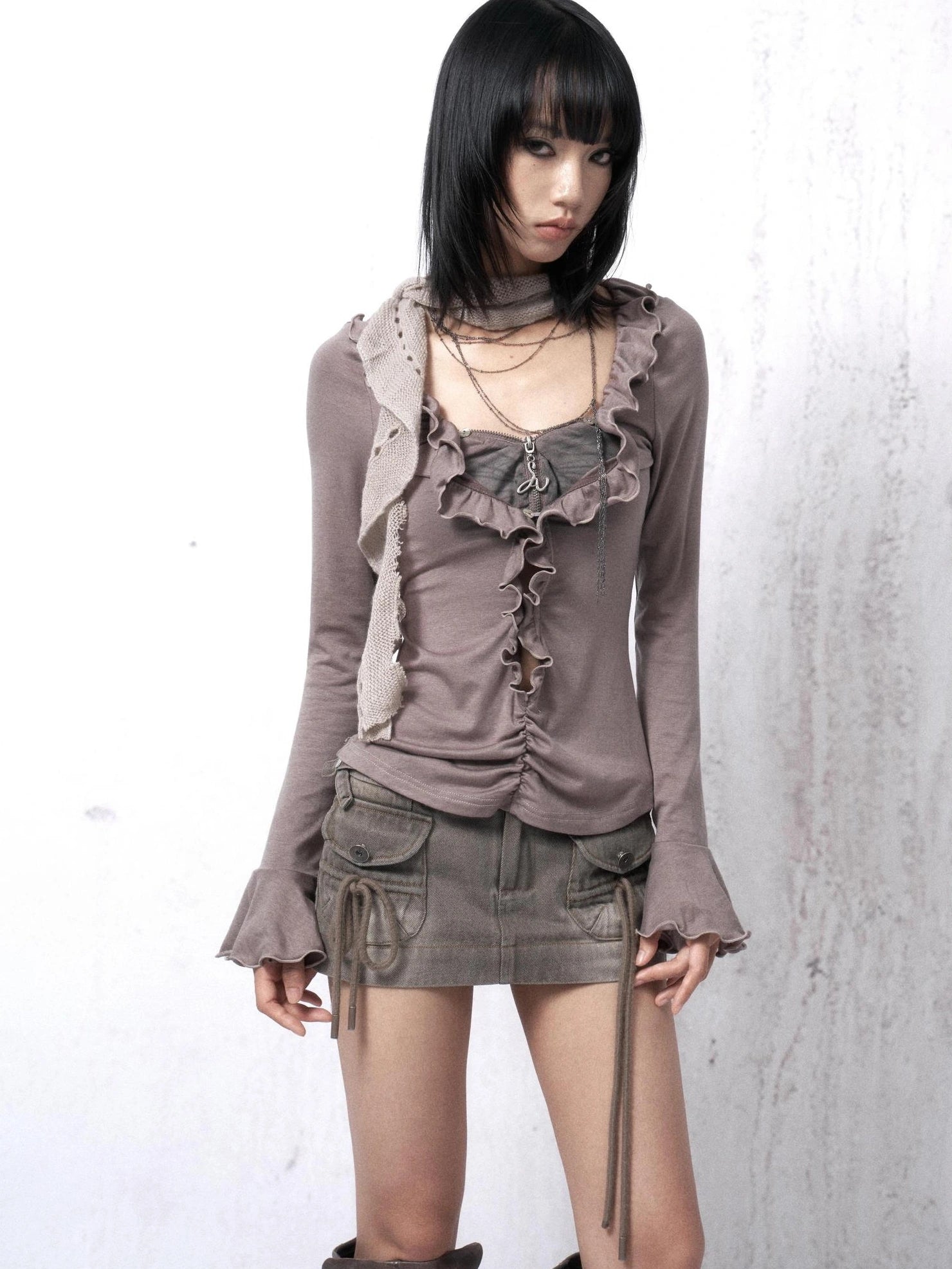 OPEN AESTHETIC 100 Percent Cotton Fitted Vintage Ruffle Collar Long Sleeve Women T-Shirt