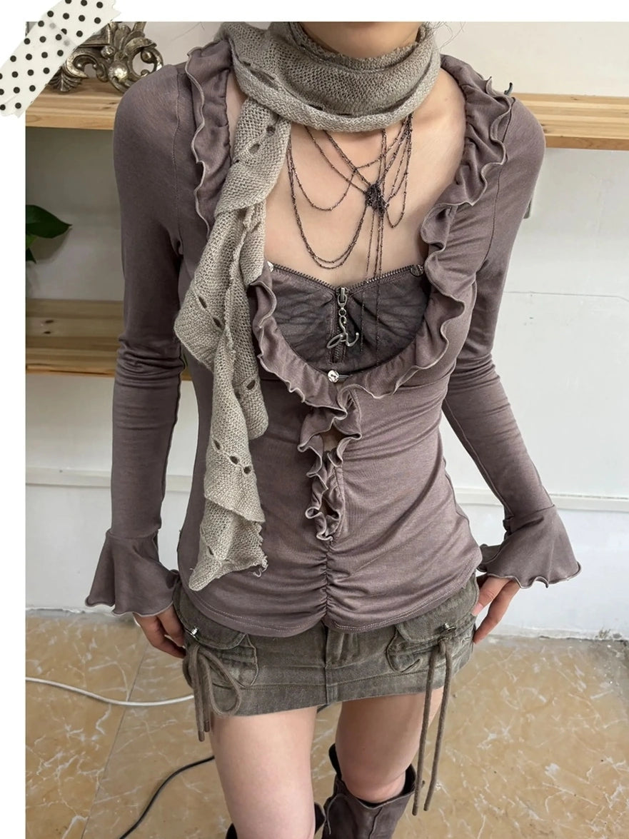 OPEN AESTHETIC 100 Percent Cotton Fitted Vintage Ruffle Collar Long Sleeve Women T-Shirt