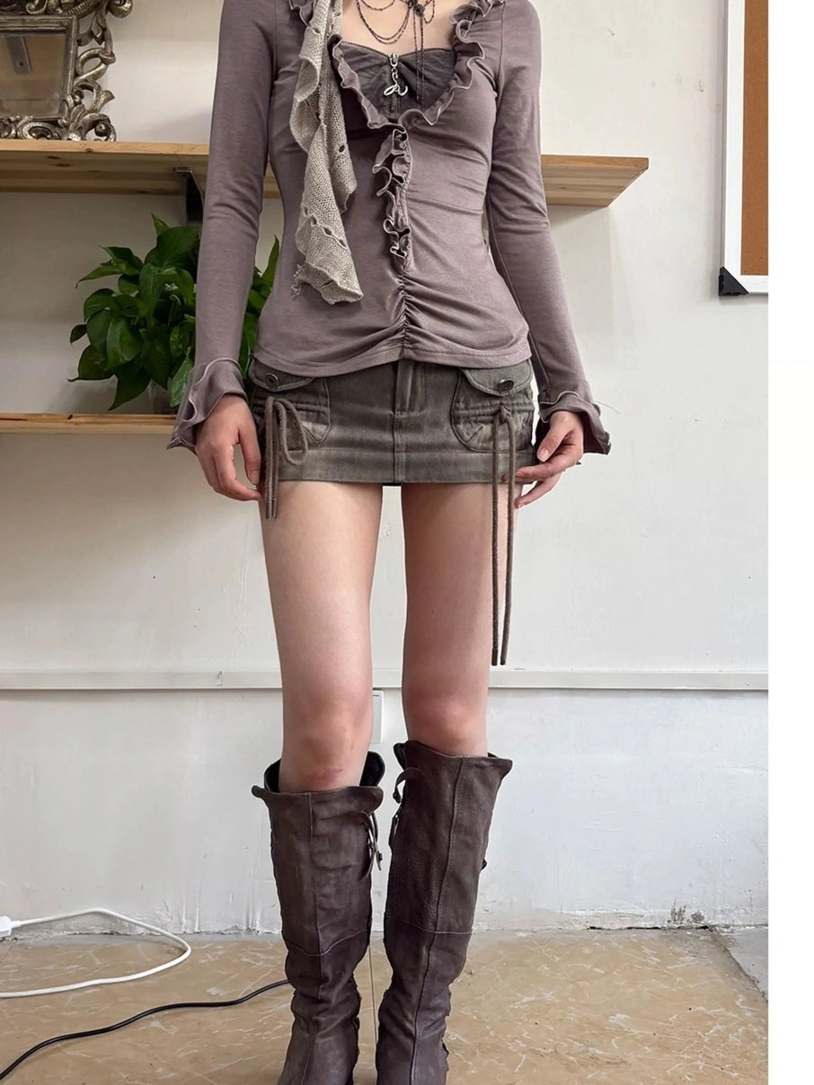 OPEN AESTHETIC 100 Percent Cotton Fitted Vintage Ruffle Collar Long Sleeve Women T-Shirt