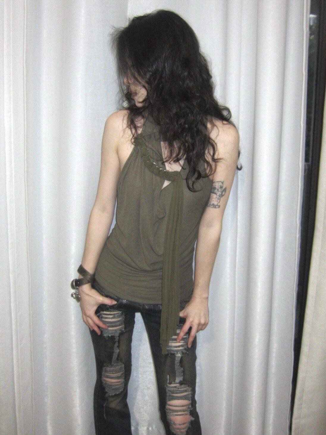 OPEN AESTHETIC Army Green Ruched Draped Cowl Neck Slim Fit Women&