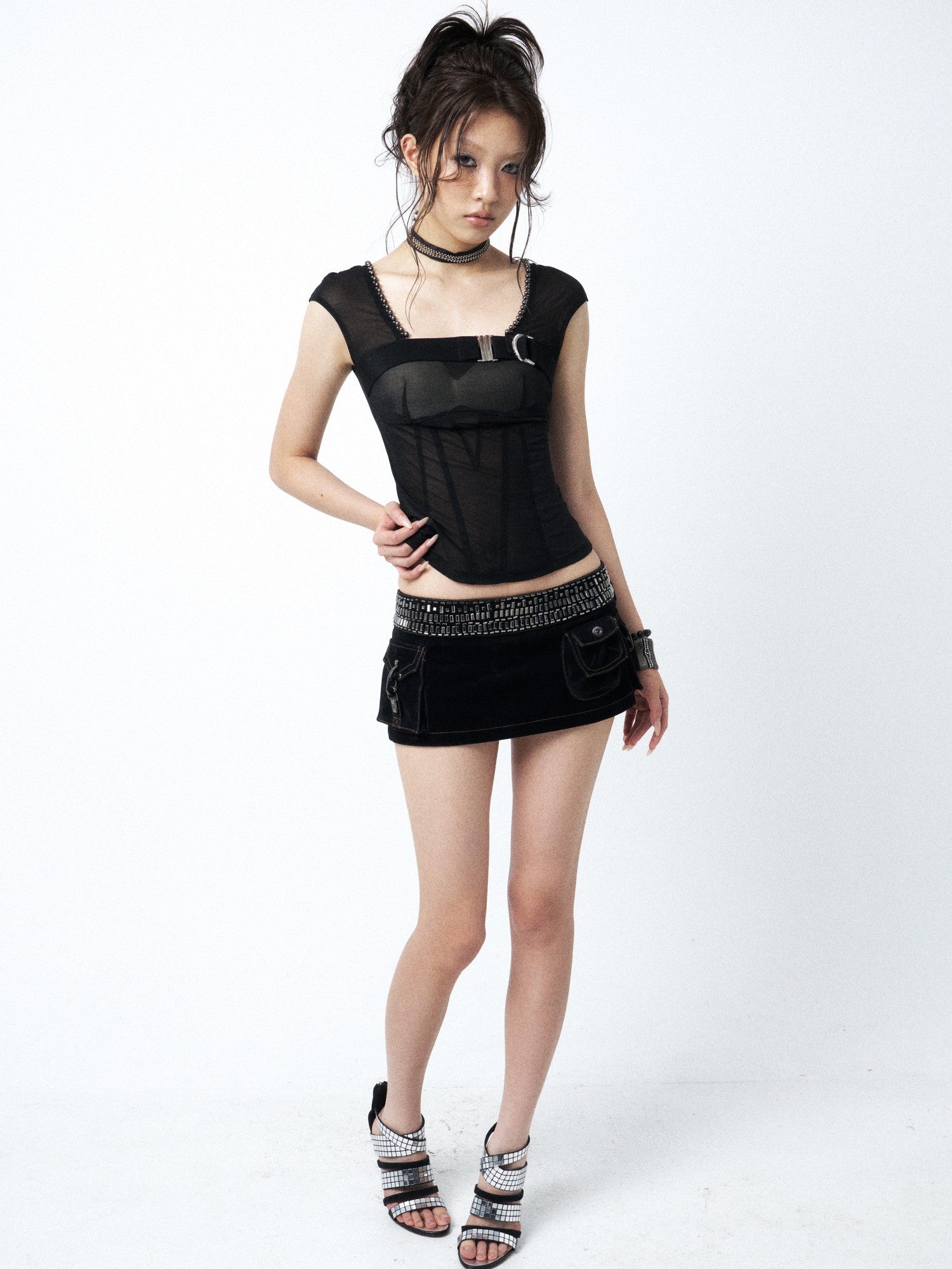 OPEN AESTHETIC Black Square Neck Metal Buckle Beaded Chain Women&