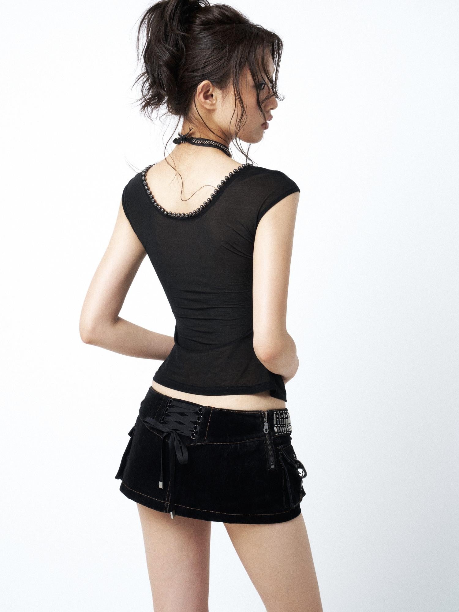 OPEN AESTHETIC Black Square Neck Metal Buckle Beaded Chain Women&