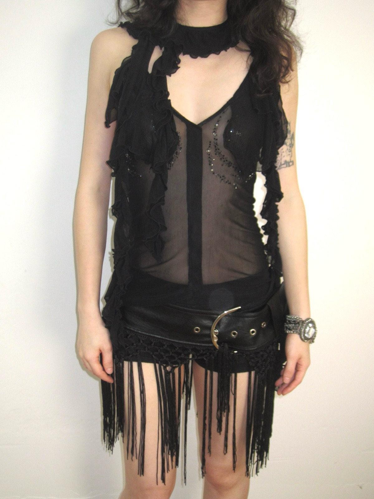 OPEN AESTHETIC Black Studded Rivet Crochet Tassel Leather Belt Women&