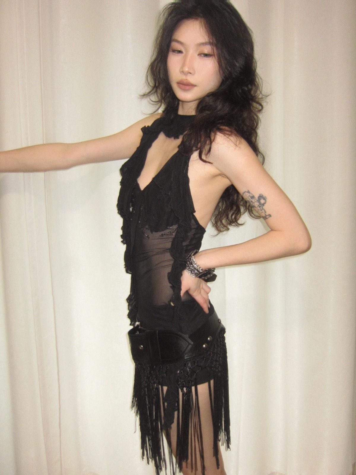 OPEN AESTHETIC Black Studded Rivet Crochet Tassel Leather Belt Women&