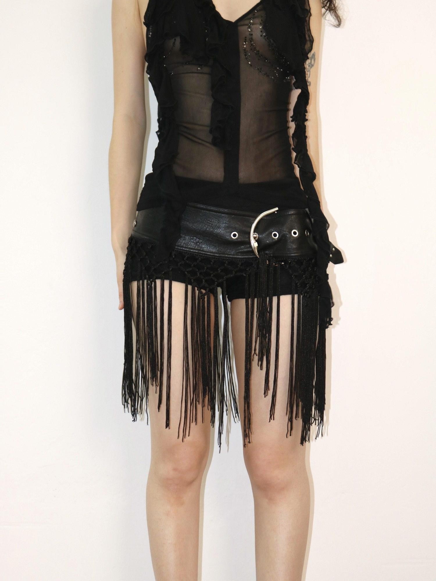 OPEN AESTHETIC Black Studded Rivet Crochet Tassel Leather Belt Women&