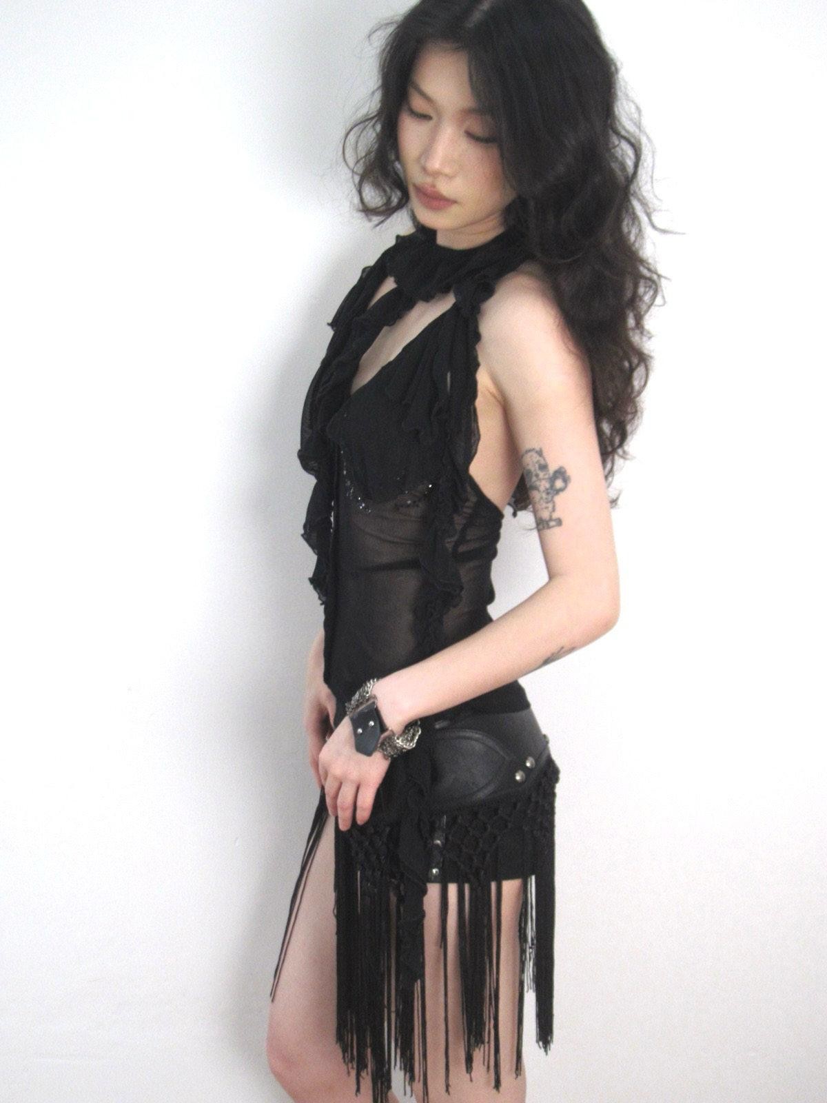 OPEN AESTHETIC Black Studded Rivet Crochet Tassel Leather Belt Women&
